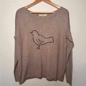 LOFT Tan Bird Graphic Sweater Lightweight Knit Pullover Medium